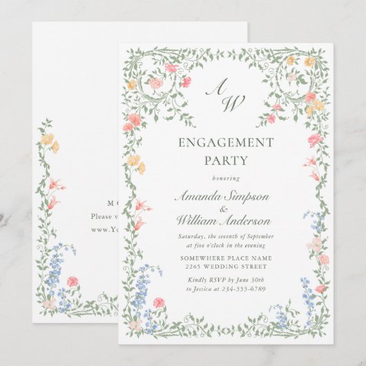 Meadow Pastel Franse Rozen Floral ENGAGEMENT PARTY Kaart (Voorkant / Achterkant)