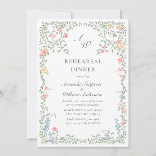 Meadow Pastel Franse Rozen Floral repetitie diner Kaart (Voorkant)