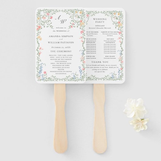 Meadow Pastel Franse Rozen Floral Wedding Programm Handwaaier (Voorkant en achterkant)