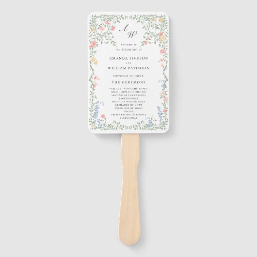 Meadow Pastel Franse Rozen Floral Wedding Programm Handwaaier (Voorkant)