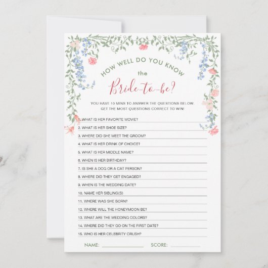 Meadow Pastel Franse Rozen Vrijgezellenfeest Game  Kaart (Voorkant)