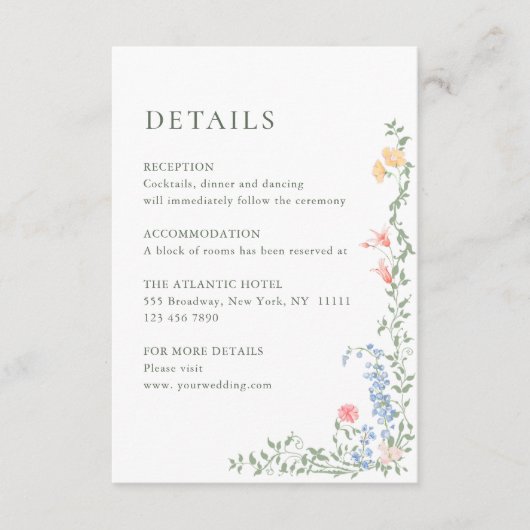 Meadow Pastel Franse Rozen Wedding Details Informatiekaartje (Voorkant)