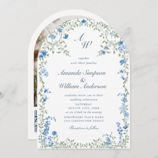 Meadow Pastel French Floral Wedding QR code Foto Kaart (Voorkant / Achterkant)