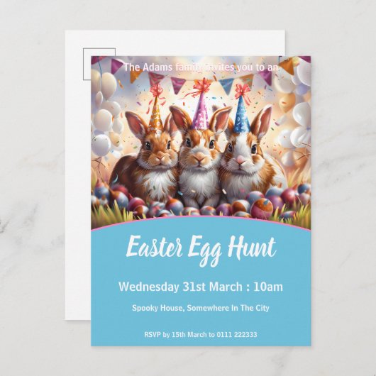 Meadow Rabbits Easter Egg Hunt Invitation Briefkaa Uitnodiging Briefkaart (Voorkant / Achterkant)