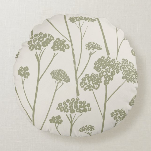 Meadow Silence Crème Linen Stof Olijfgroen Rond Kussen (Voorkant)