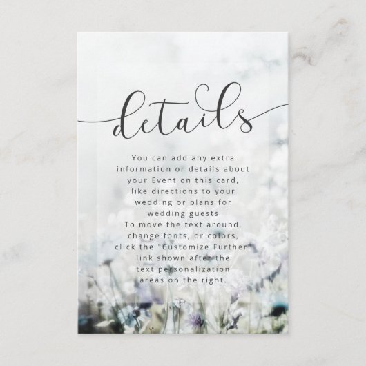 Meadow Song vervagen Wildbloemen Bruiloft Details Informatiekaartje (Voorkant)