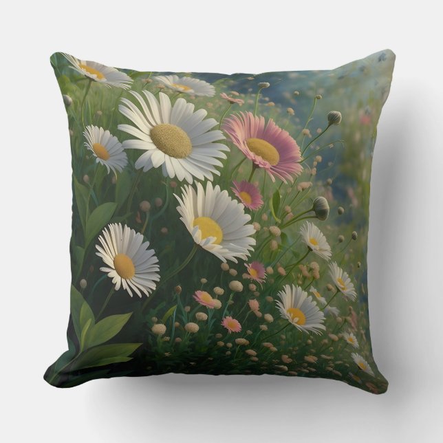 Meadow Whispers: een Daisy-symfonie in bloei Kussen (Voorkant)