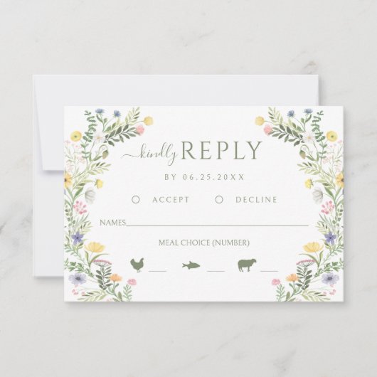 Meadow Wild Flower Rustic Wedding Vriendelijk Antw RSVP Kaartje (Voorkant)