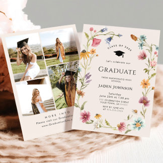 Meadow Wildflower Boho 4 Photo Graduation Party Kaart