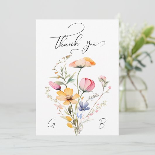Meadow Wildflower Bruiloft Monogram Dank u kaart (Staand voorkant)