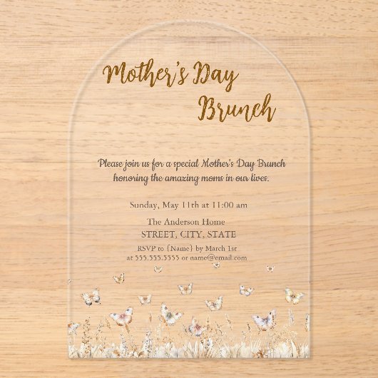 Meadow Wildflower Butterflies Moederdag Brunch Acryl Uitnodigingen (Voorkant)