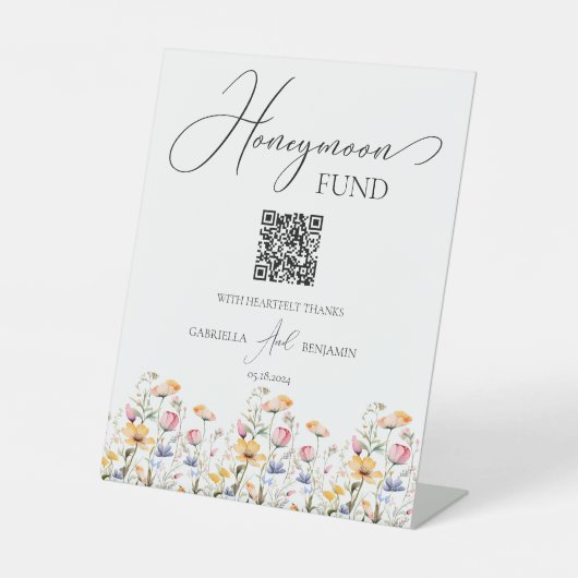 Meadow Wildflower Honeymoon Fund Trouwtafel Reclamebord Met Voetstuk (Voorkant)