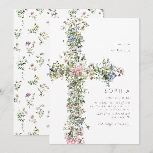 Meadow wildflower kruis doop doop doopblauw kaart (Voorkant / Achterkant)