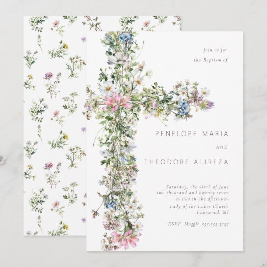 Meadow wildflower kruis doop doop doopblauw kaart (Voorkant / Achterkant)