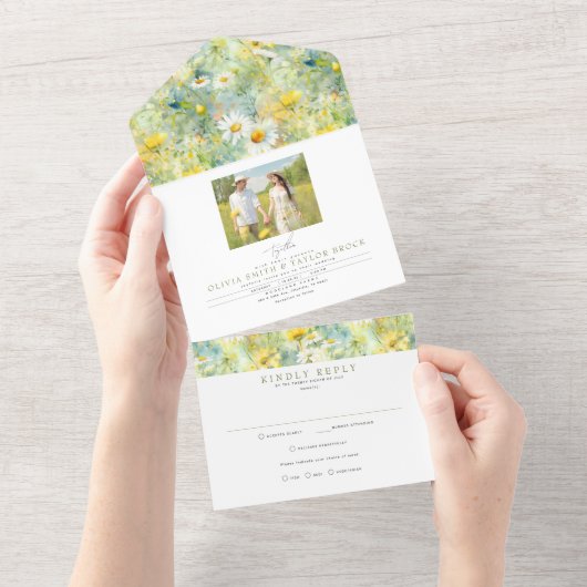 Meadow Wildflower Summer Boho Wedding Photo All In One Uitnodiging (Afscheurbaar)