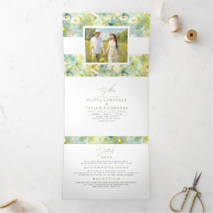 Meadow Wildflower Summer Boho Wedding Photo Drieluik Uitnodiging
