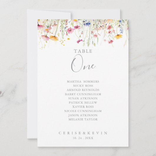 Meadow Wildflower Tafel Nummer 1 Zitplaatskaart Kaart (Voorkant)