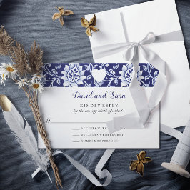 Meadow Wildflowers Blue Indigo Pattern Wedding RSVP Kaartje