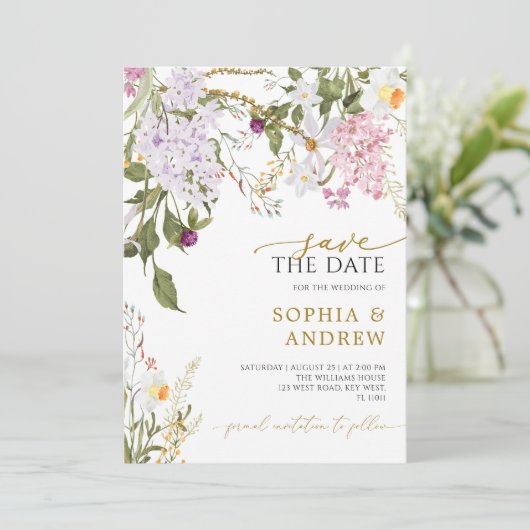 Meadow Wildflowers Bruiloft Save the Date Kaart (Staand voorkant)
