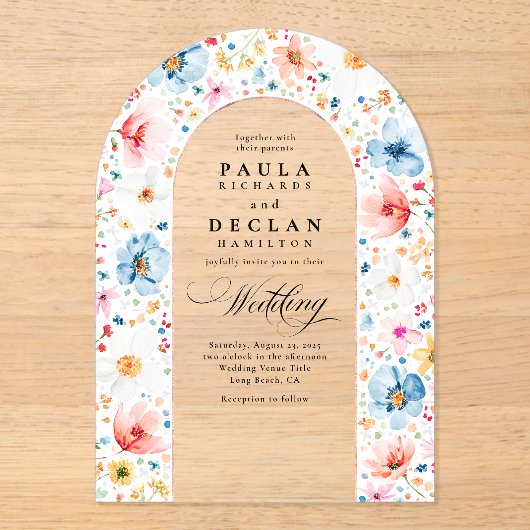 Meadow Wildflowers Elegant Boho Boog Huwelijk Acryl Uitnodigingen (Voorkant)