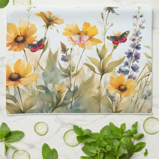 Meadow Wildflowers en Butterflies Theedoek (Gevouwen)