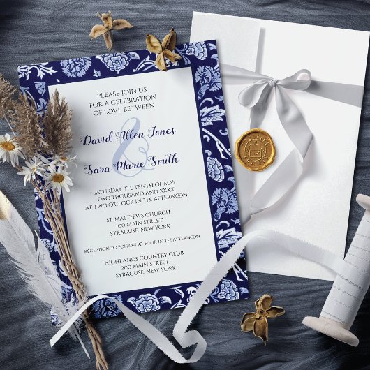 Meadow Wildflowers Indigo Blue Wedding Invitation Kaart