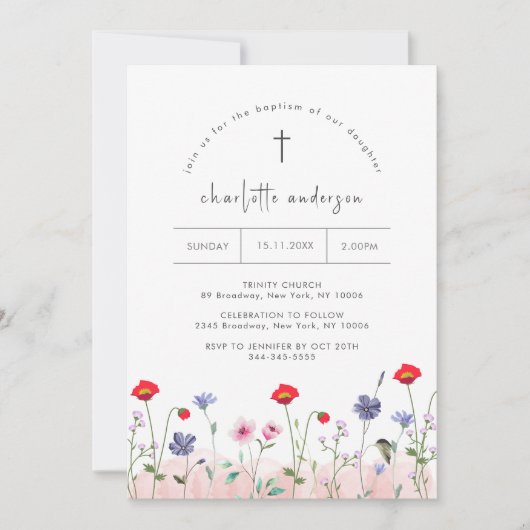 Meadow Zomer Kleine Bloem Kruis Doop Kaart (Voorkant)