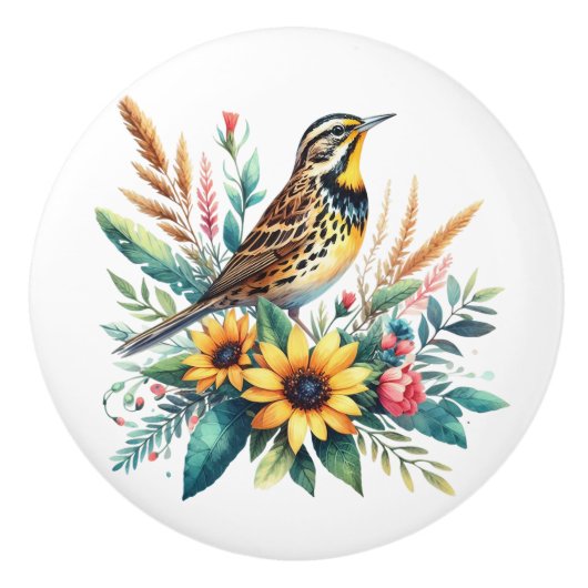 Meadowlark en wilde bloemen keramische knop (Voorkant)