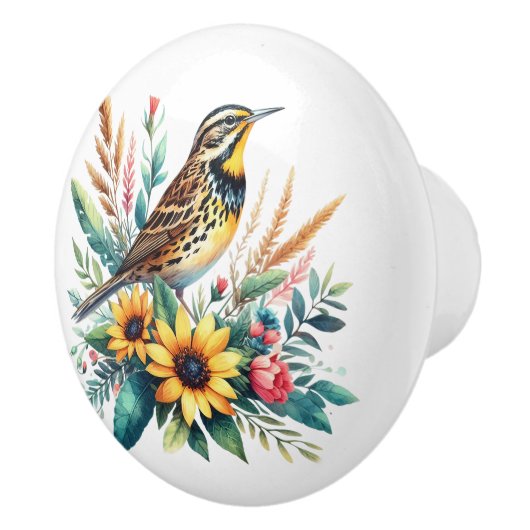 Meadowlark en wilde bloemen keramische knop (Rechts)