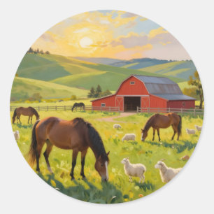 Meadowlight Morning – Landelijk schuur landschap Ronde Sticker