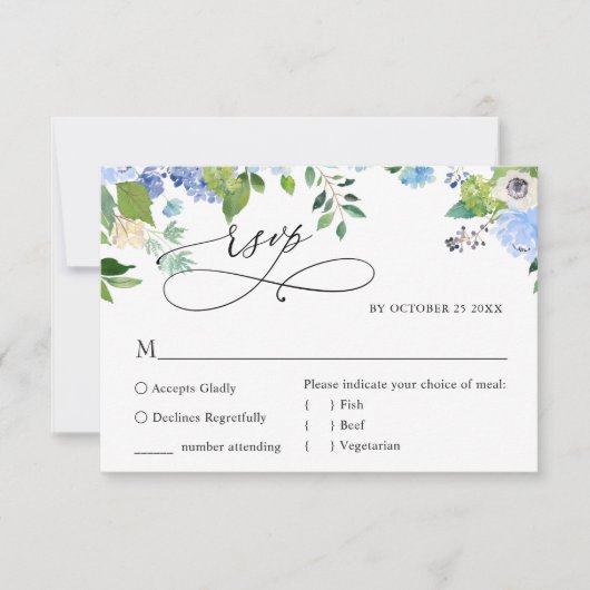MEAL CHOICE Elegant Blue Hydrangea Wedding RSVP Kaartje (Voorkant)