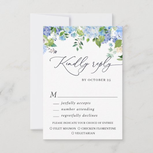 MEAL CHOICE Elegant Blue Hydrangea Wedding RSVP Kaartje (Voorkant)