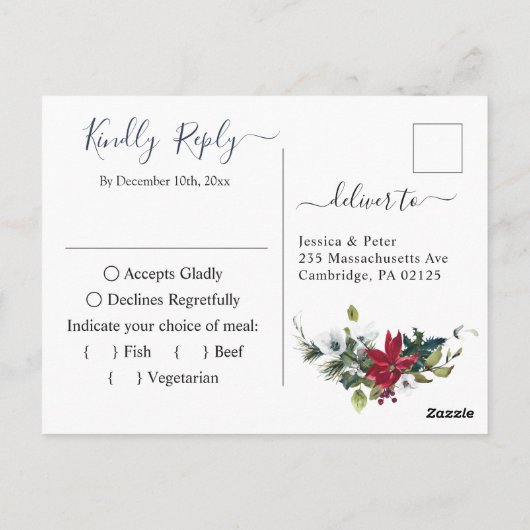 MEAL CHOICE Elegant Red Poinsettia Wedding RSVP Briefkaart (Achterkant)