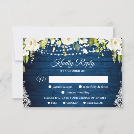 MEAL CHOICE Elegant White Roses Rustic Wedding RSVP Kaartje (Voorkant)