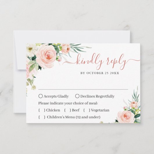 MEAL CHOICE Pink Blush Flowers Greenery Wedding RSVP Kaartje (Voorkant)