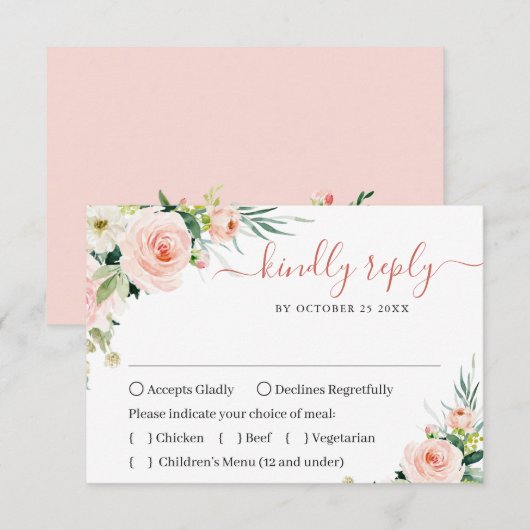 MEAL CHOICE Pink Blush Flowers Greenery Wedding RSVP Kaartje (Voorkant / Achterkant)