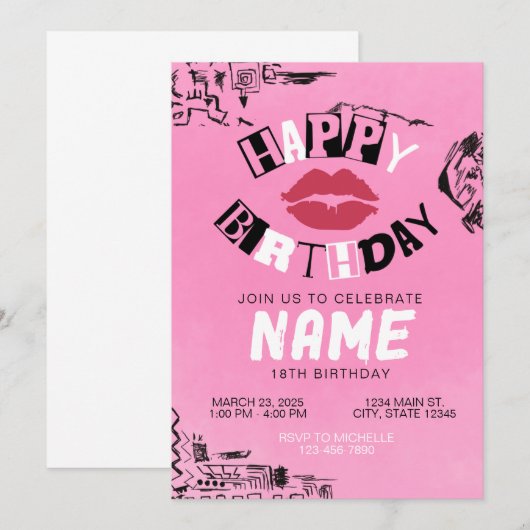 Mean Girls Pink Happy Birthday Uitnodiging (Voorkant / Achterkant)