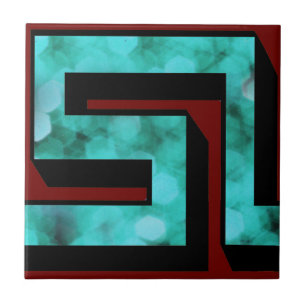 Meander ~ Blue sparkle op maroon met schaduw Tegeltje