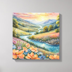 Meandering Through Meadows: Een riviertocht Canvas Afdruk