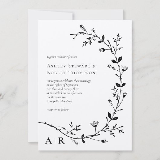 Meandering Vine Scroll Modern Wedding Invite Kaart (Voorkant)