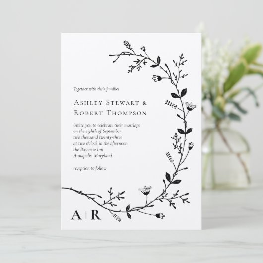 Meandering Vine Scroll Modern Wedding Invite Kaart (Staand voorkant)