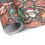 Meat Lovers' Christmas Wrapping Paper Cadeaupapier<br><div class="desc">Celebrate the folidays with a meaty twist using this playful Christmas wrapping paper Featuring cartoon steaks, bacon strips, sausages, and drumsticks wearing Santa hats, this design is perfect for carnivores and BBQ enthusiasts. The seamless and colorful pattern adds humor and flavor to foliday gifting, making it is de enige keuze...</div>