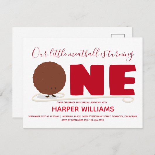 Meatball Een eerste verjaardagsuitnodiging Briefka Uitnodiging Briefkaart (Voorkant / Achterkant)