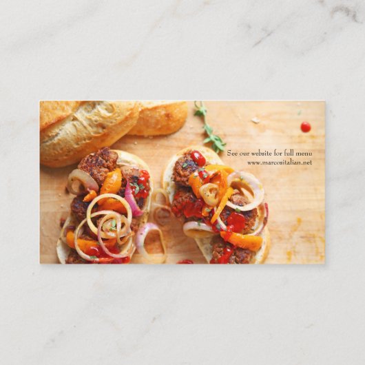 Meatbalsandwiches met uien en pepers visitekaartje (Achterkant)