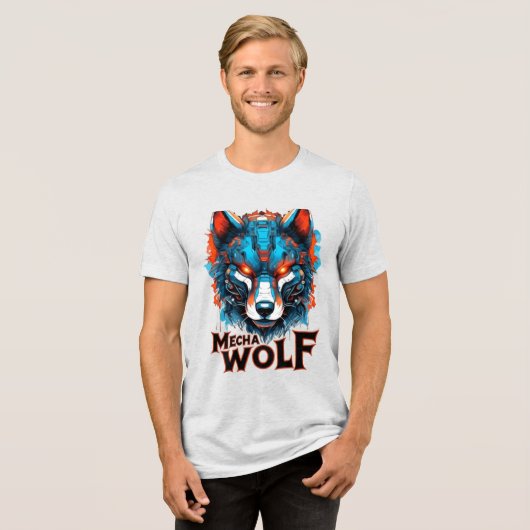 Mecha Wolf Head – Futuristic Cyberpunk Wolf Design Tri-Blend Shirt (Voorkant volledig)