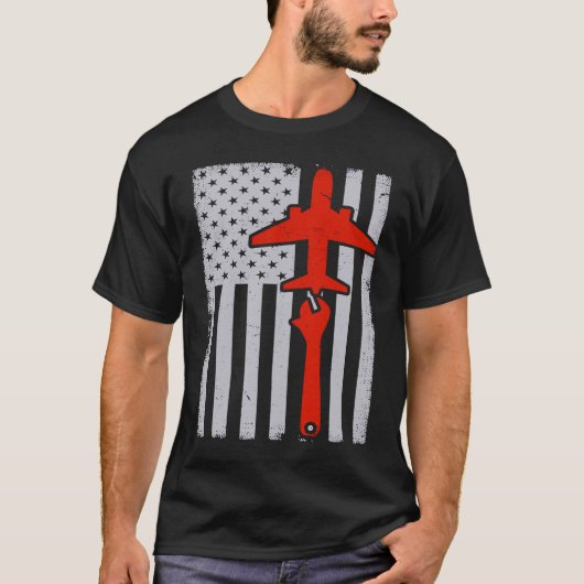 Mechanica American Flag Plane Airplane Mechanic W T-shirt (Voorkant)