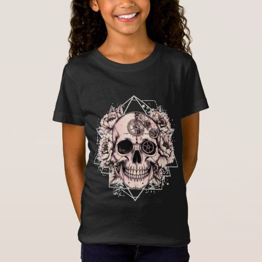 "Mechanical Bloom" – Gothic Skull with Floral Gear T-shirt (Voorkant)