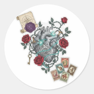 Mechanisch Hart met Rozen – Vintage Surrealistisch Ronde Sticker