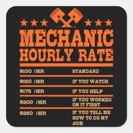 MECHANISCH HOURLY RATE Funny Car Mechanic Rates Ca Vierkante Sticker (Voorkant)