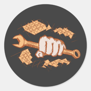 Mechanisch/Technicus. Schroefsleutel in hand/vuist Ronde Sticker